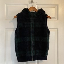 Muji Fleece Full Zip Hooded Vest Women Size S Small Green Plaid Pockets