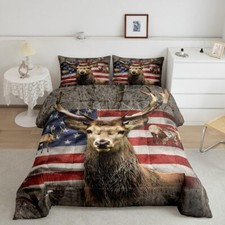 American Flag Deer Comforter Set Queen Size Brown Wildlife Animal And Trees Them