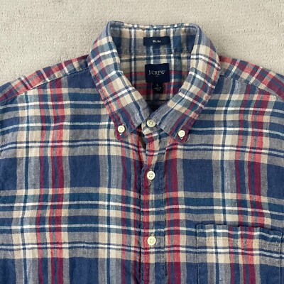 J Crew Shirt Men Large Blue Plaid Linen Blend Slim Fit Short Sleeve Pocket