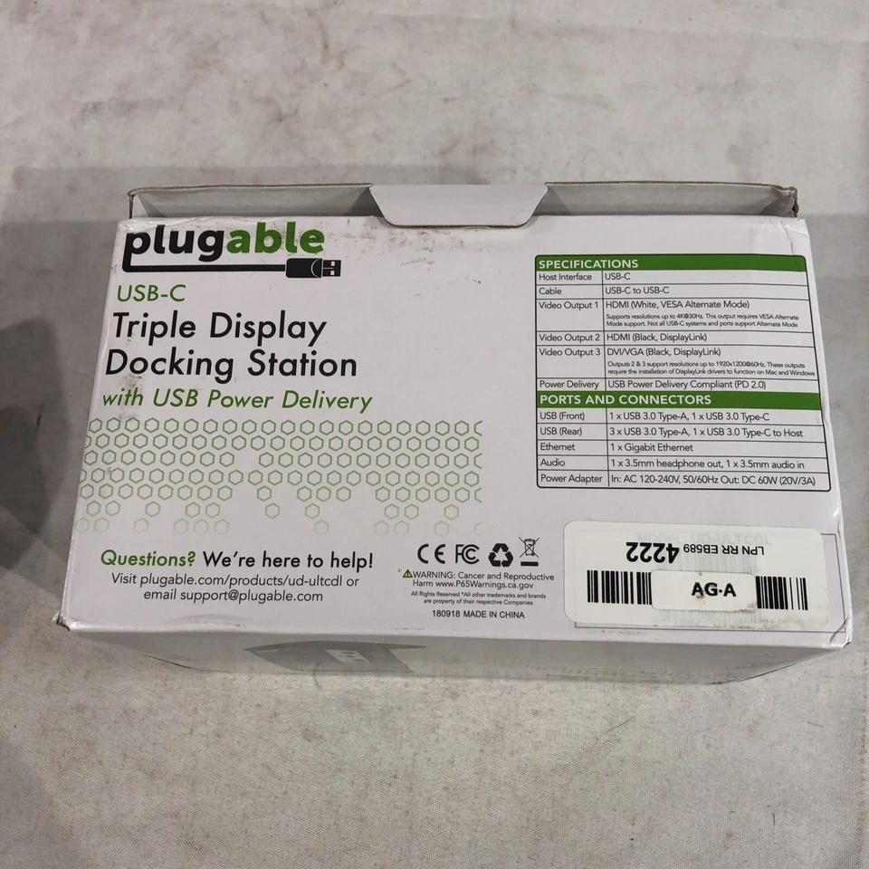 Plugable USB Type-C Triple Display Docking Station UD-ULTCDL NO A/C ADAPTER - Image 4 of 4