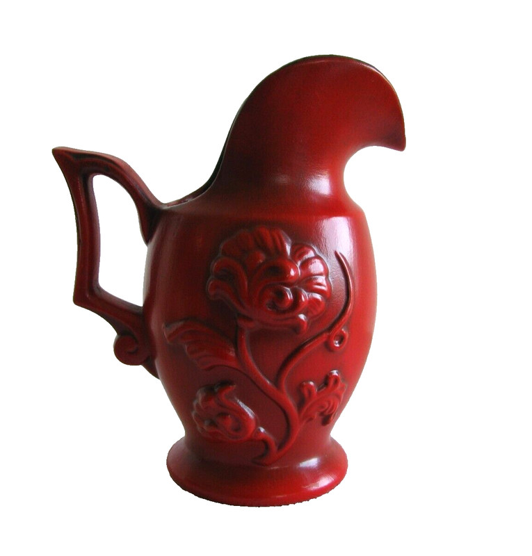 Vintage RARE Royal Haeger red ceramic floral black interior pitcher/vase #8145
