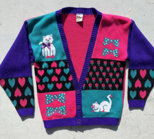 Women's Vintage Hot Fudge Sweater Multicolor Cats M Cardigan 90s Grandmacore USA