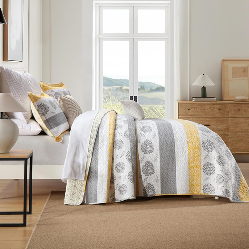 Quilt King Size-Comforter King Quilt Bedding Set,Yellow Gray White All Cotton Qu - Picture 4 of 7