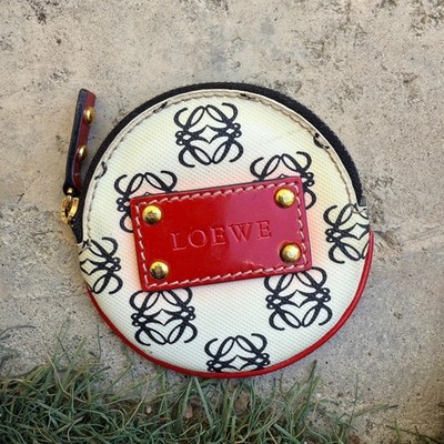 LOEWE Anagram Monogram Round Coin Purse Pouch Red Leather Accent RARE Japan
