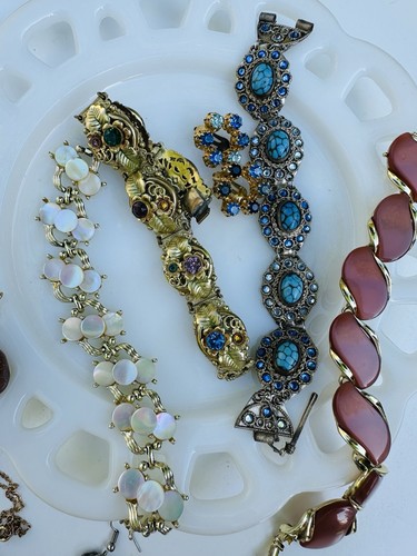 Vintage Jewelry Lot Goldstone Apple Necklace Earrings Clip On Czech Blue Glass - Picture 3 of 24