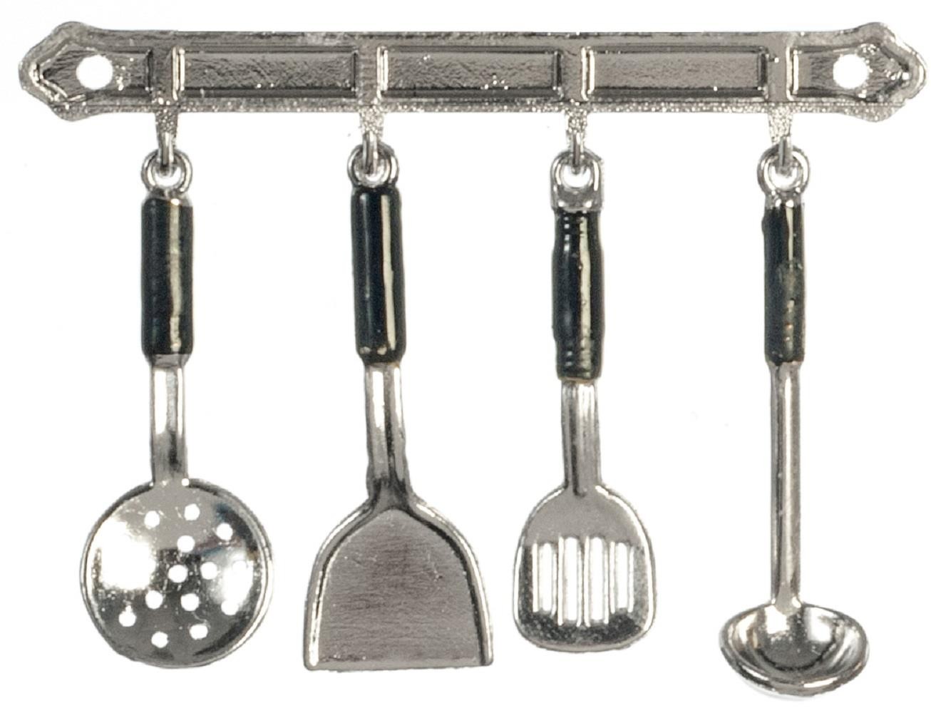 Dolls House Silver Hanging Utensils and Rack Miniature Kitchen Accessory 1:12