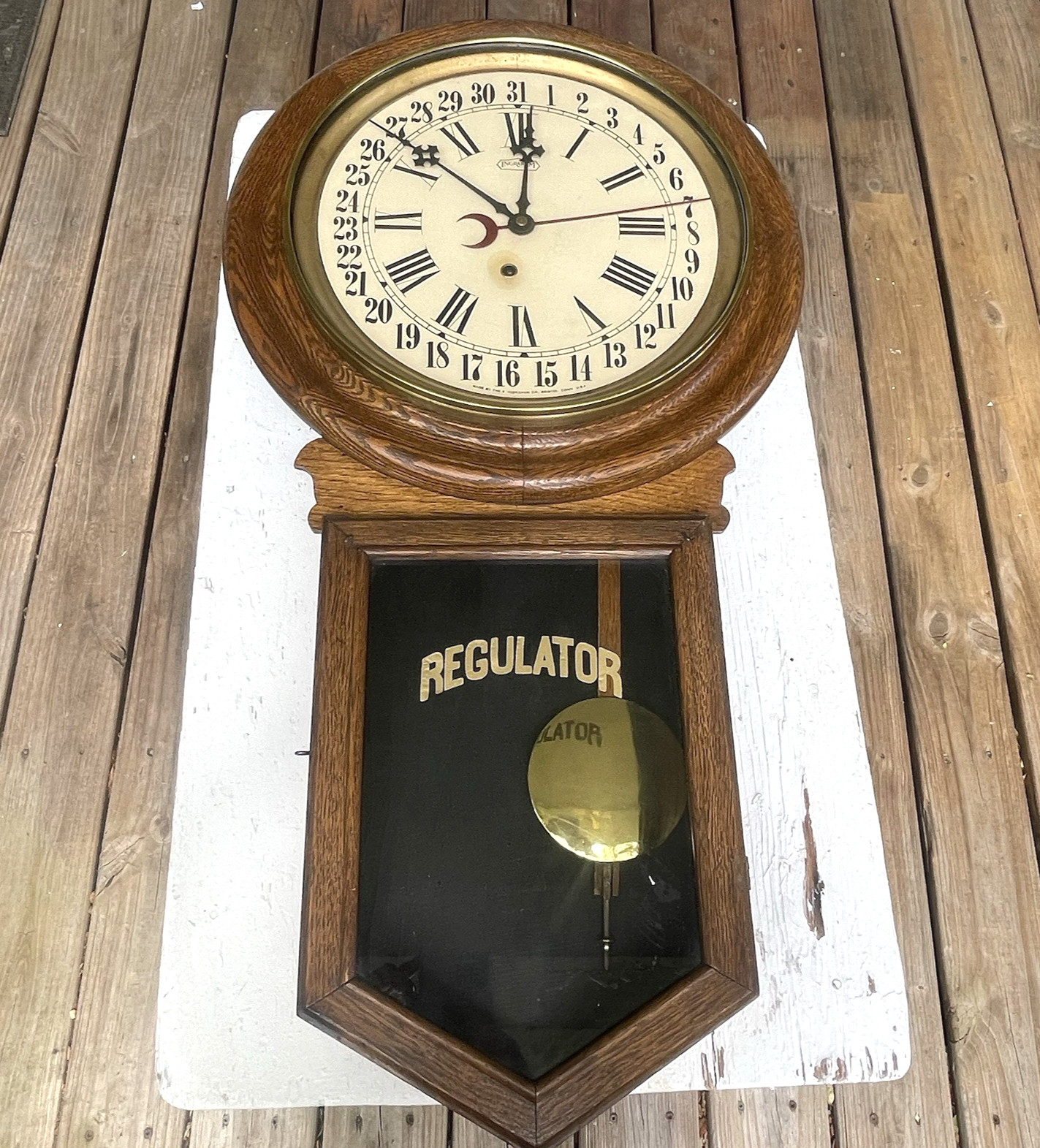 Atq Ingraham Drop Regulator Calendar Wall Clock Oak Case 31"x15.5" No Key WORKS
