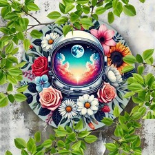 Astronaut in Space Round Aluminum Wall Decor Earth View Floral Design