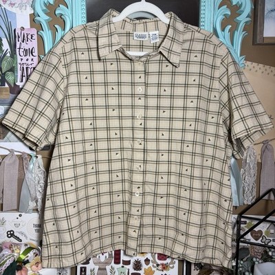 Classic Elements Woman Brown Plaid Floral Embroidered Button Down Top Size 20W