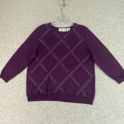 Alfred Dunner Sweater Womens Sz PM Purple Beaded Diamond Pattern 3/4 Sleeve