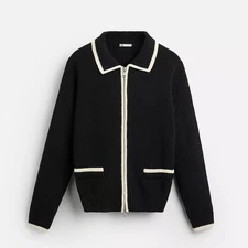 USED ZARA DOUBLE-ZIP KNIT CARDIGAN IN BLACK AND WHITE, MONOTONE VERYGOOD