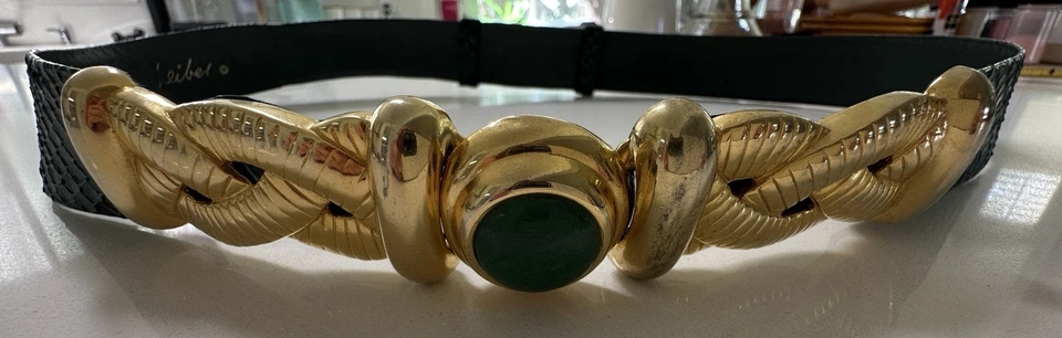 Cinturón Piedra Semipreciosa Vintage Judith Leiber Firmado Piel Serpiente Verde Tono Dorado Foto 2 de 4