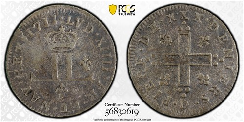 1711-D French Colonies 30 Deniers - PCGS VF Details, Env Damage