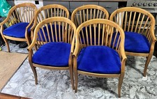 Set of 6 Solid Wood Dining Armchairs Blue Velvet Upholstered Seats Padded Seat