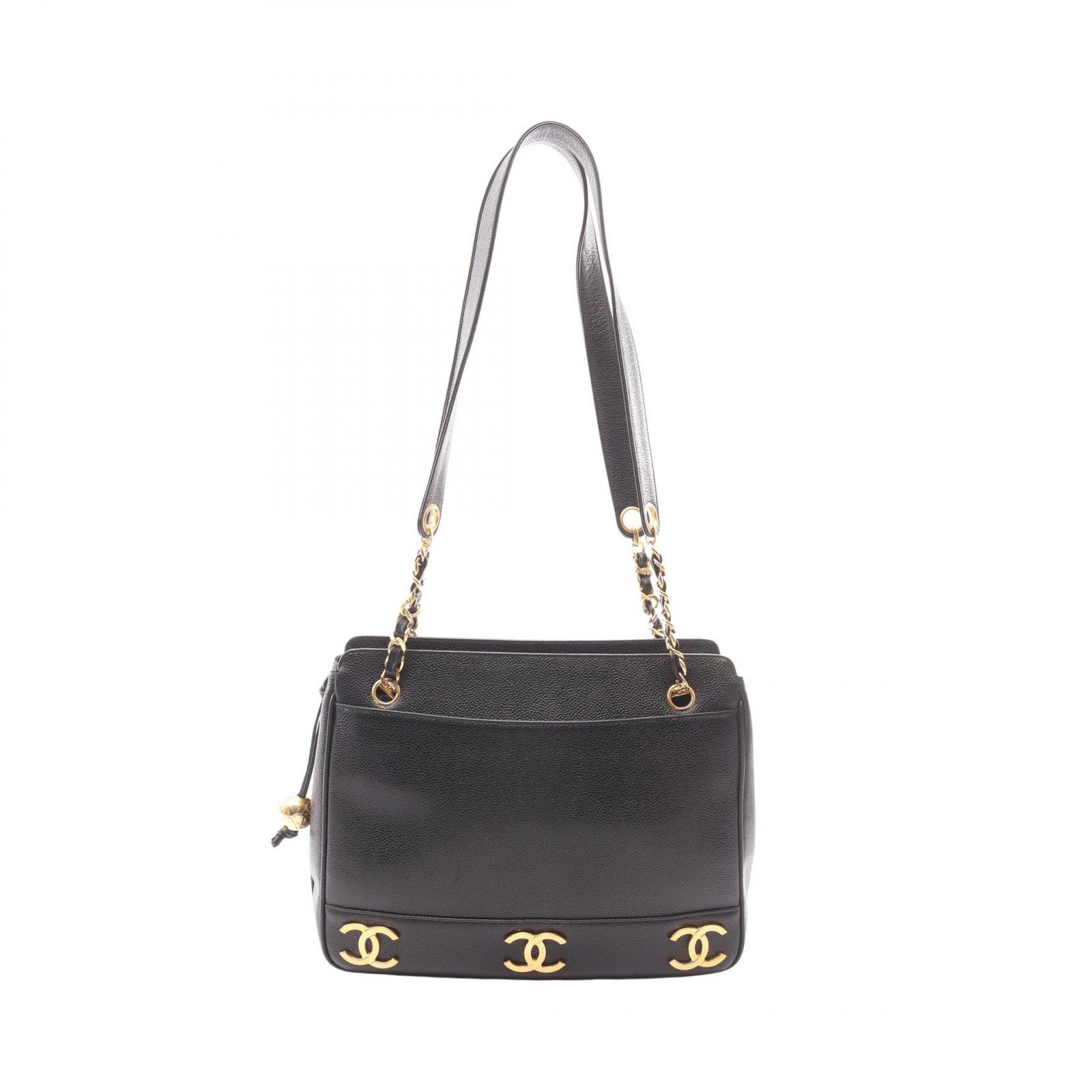 CHANEL Triple COCO Mark Tote chain shoulder Bag Calfskin leather Black Used GHW