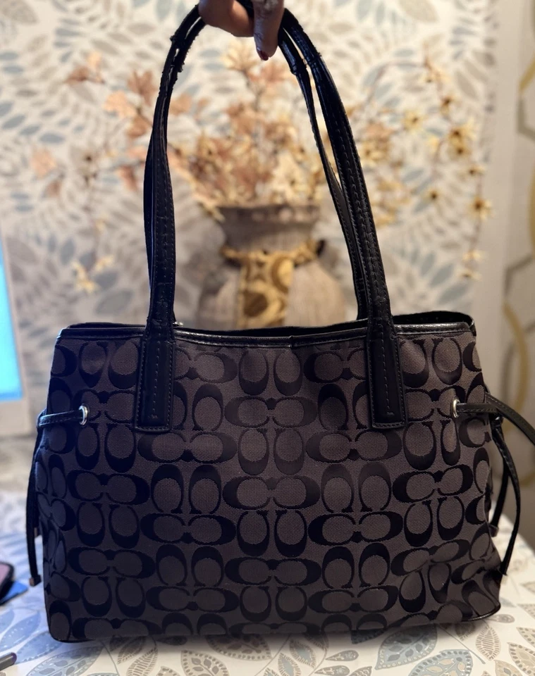 Coach F24882 Black Signature Python Print Stripe Tote Bag Large Shoulder Handbag - Image 2 of 4