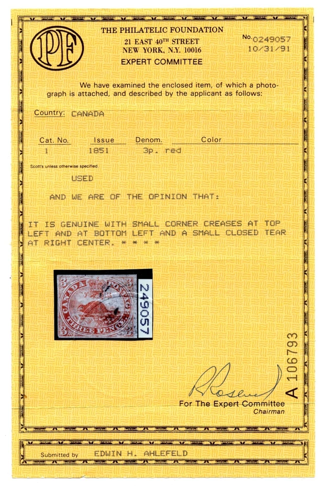 CANADA 1851 FIRST STAMP SC. #1 WITH MINOR FAULTS PER CERTIFICATE 4 CLEAR MARGINS - Image 3 of 3