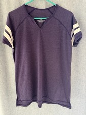Women's Purple White Striped V-Neck Short Sleeve T-Shirt Size L