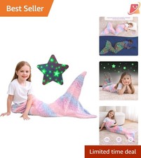 Kids Mermaid Tail Blanket Flannel Glow in Dark with Stars Rainbow Ombre