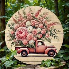 1pc Vintage Farmhouse Round Wall Art - Pink Roses & Greenery Country Truck Desig