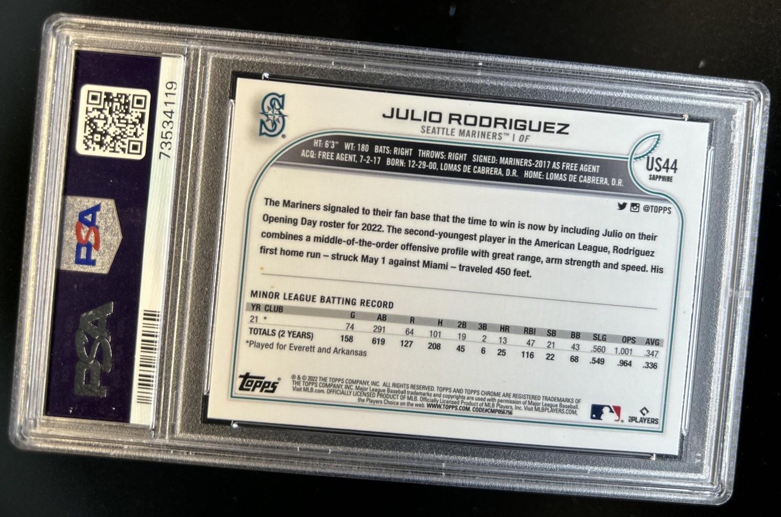 2022 Topps Chrome Update Sapphire Julio Rodriguez RC #US44 Mariners PSA 10 view 2