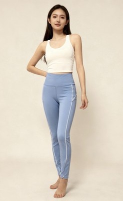 WILO Light Blue Ankle Leggings Women L High Rise Stretch Yoga Contrast Piping