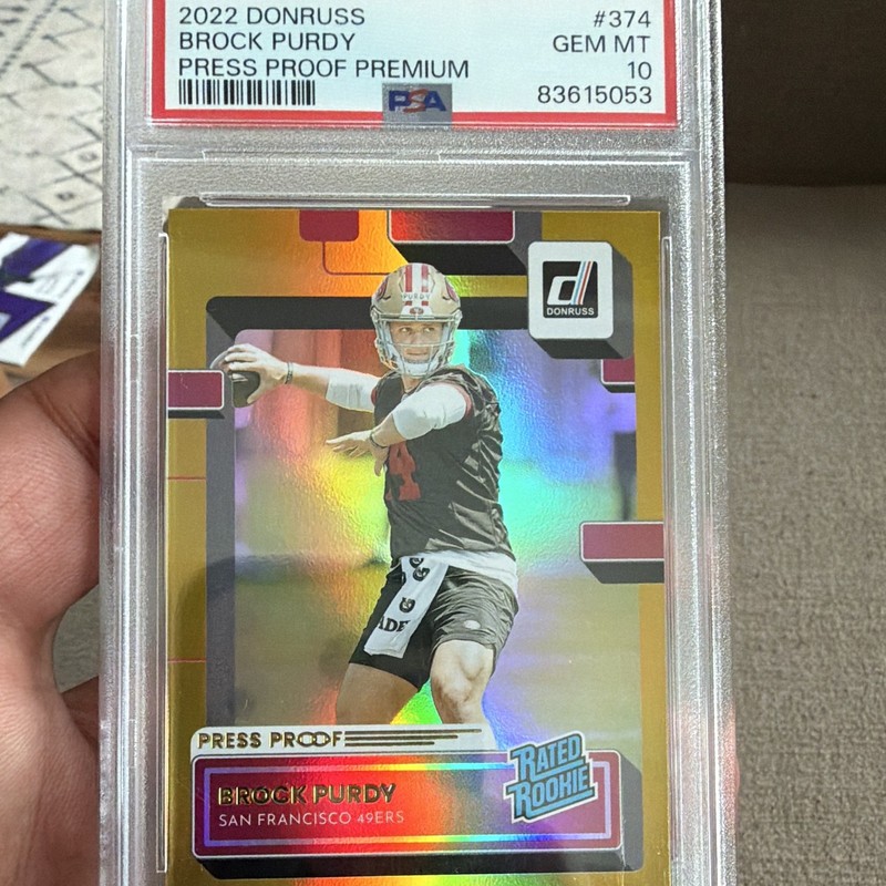 Panini 2022 Donruss Brock Purdy Rated Rookie Press Proof Premium #374 PSA 10