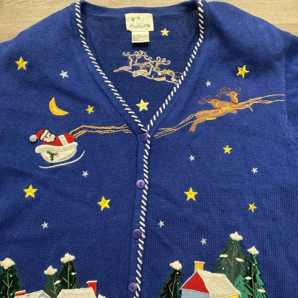 VTG The Quacker Factory Blue Embroidered Christmas Santa Sweater Women’s 3X - Image 4 of 4