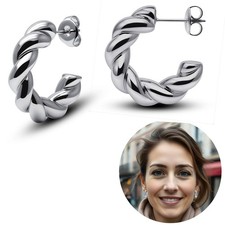 Silberne Edelstahl-Halbcreolen für Damen – Gedrehte Curly Twist Ohrringe, Massiv