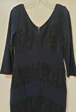 Lauren Ralph Lauren Dress Womens Size 10 Navy Blue Stretch Jersey Lace Trim 