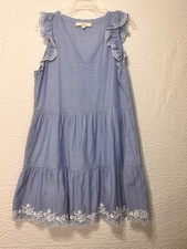 LOFT Chambray Flutter Embroidered Sleeve V-Neck Pockets Dress Size S (BB5-3)