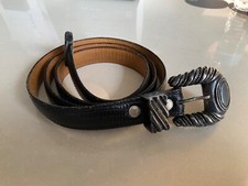 AL BERES Black Leather Belt 38 Montana Buckle Western Sterling Silver Plated