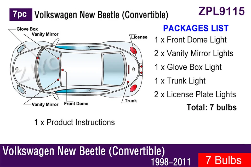 Kit de 7 bombillas blancas convertibles de actualización de luz interior LED para VW Beetle Foto 2 de 4