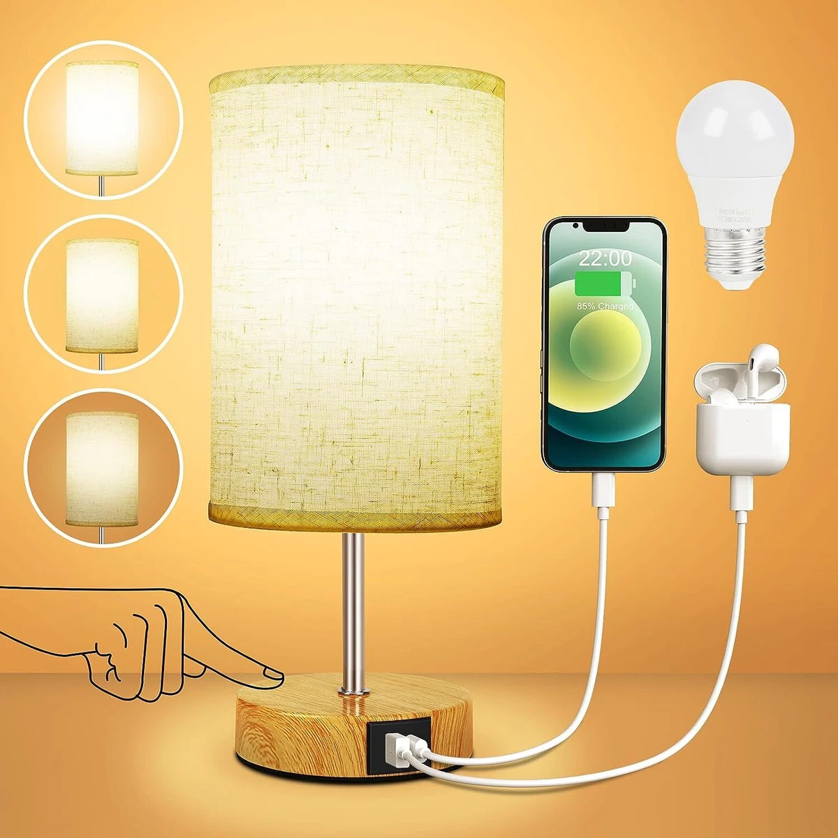 Suright Touch Control Bedside Lamps 3 Way Dimmable Table Lamp with USB A C