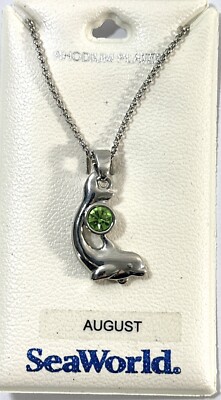 NWT SeaWorld Silver Rhodium Plated Dolphin Whale Necklace 18” August  Birthstone