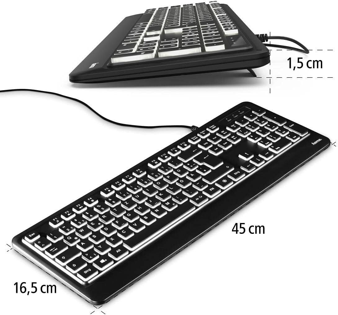 Hama USB Tastatur beleuchtet KC-550 QWERTZ 12 Media-Tasten ergonomisch PC Laptop