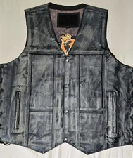 DISTRESSED GREY Leather BIKER Vest Handmade w adjustable leather side Lace