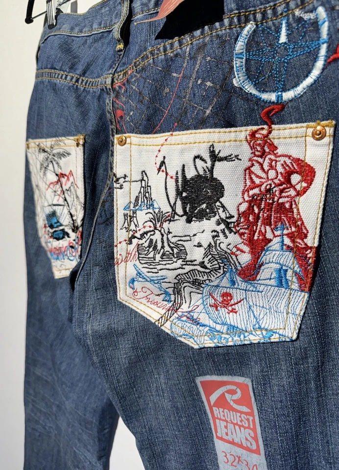 REQUEST JEANS Men's Blue Vintage Denim Pants Graphic Pocket size 32x34 Y2K RARE - Image 3 of 4