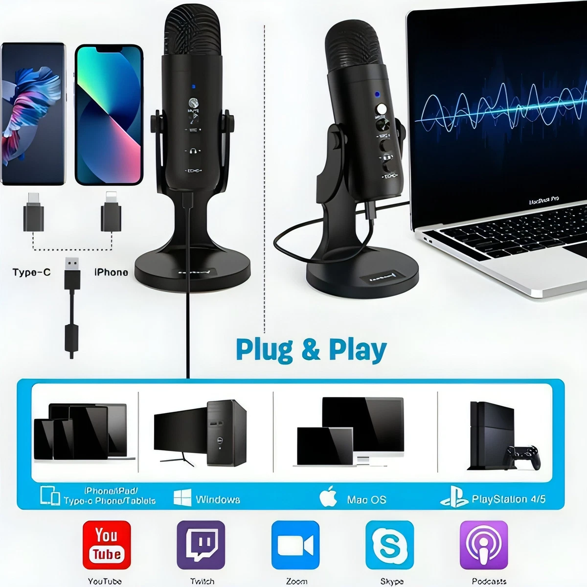 USB Microphone Condenser Computer PC Mic Plug Play Gaming