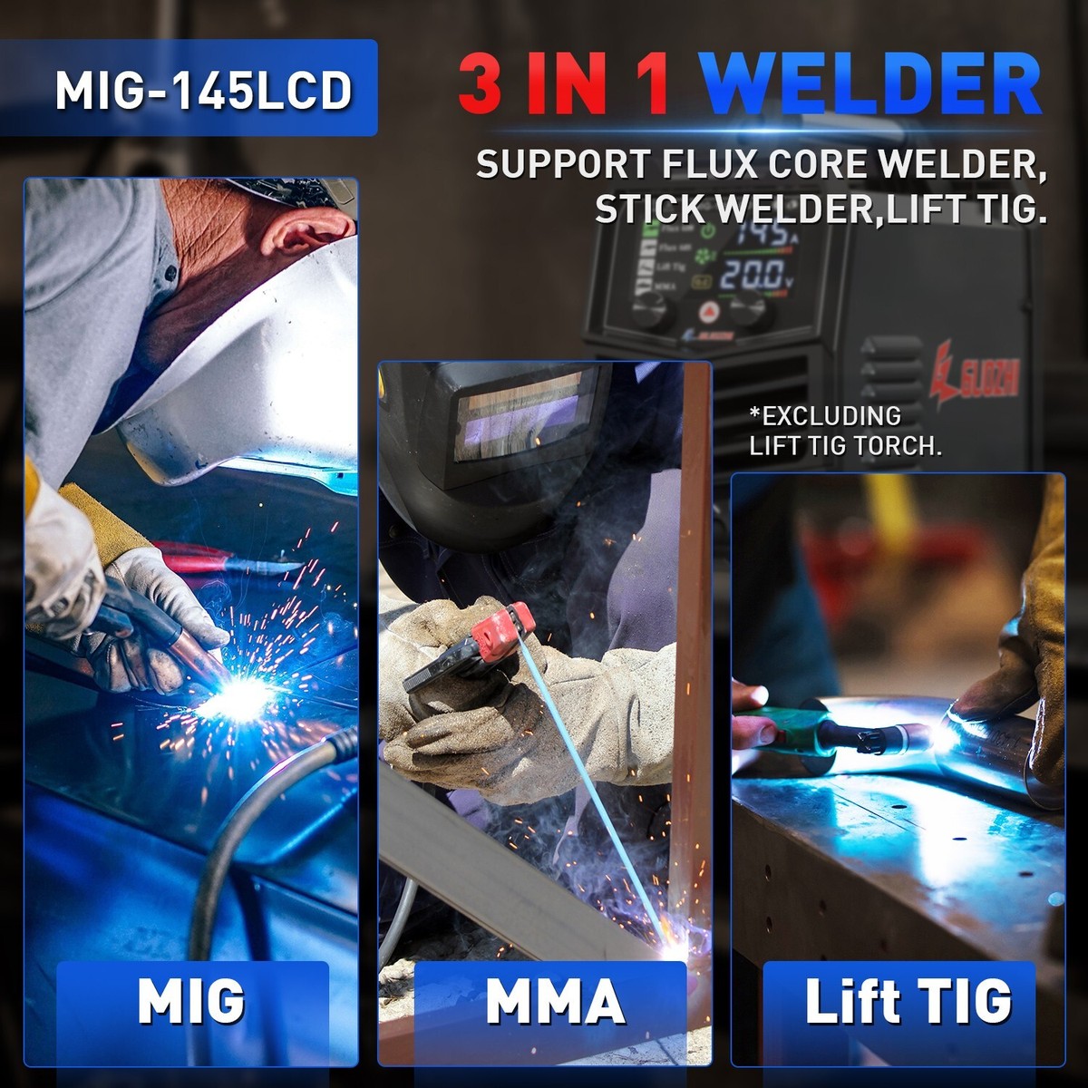 GZ GUOZHI 145A MIG Welder w/ LCD Display ,3 in 1 MIG/Stick/LIFT 