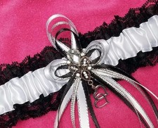 White Satin and Black Lace Wedding Prom Bridal Garter Belt with Rhinestones