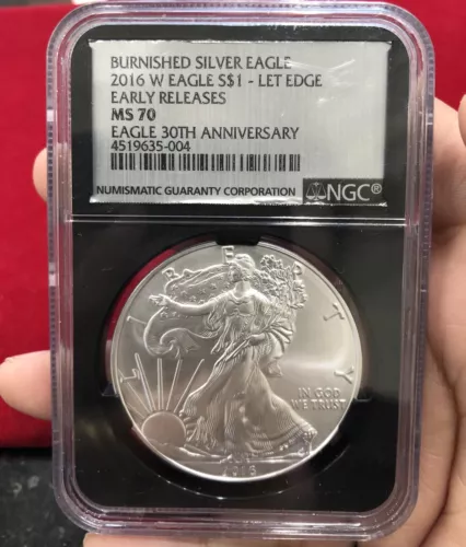 2016 W BURNISHED SILVER EAGLE LETTERED EDGE W MINT MARK FIRST RELEASES NGC MS70