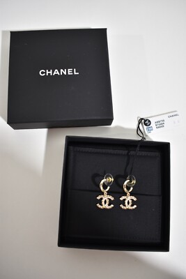 Chanel 23B Gold Crystal Interlocking CC Logo Hoop Dangle Statement