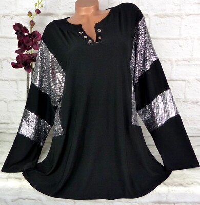2W Designer Tunika Bluse Shirt Top Lagenlook Longshirt Schwarz Glitzer  5) 54 56