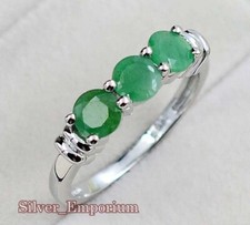 5MM Round Natural Emerald Gemstone 925 Sterling Silver Engagement Ring For Women