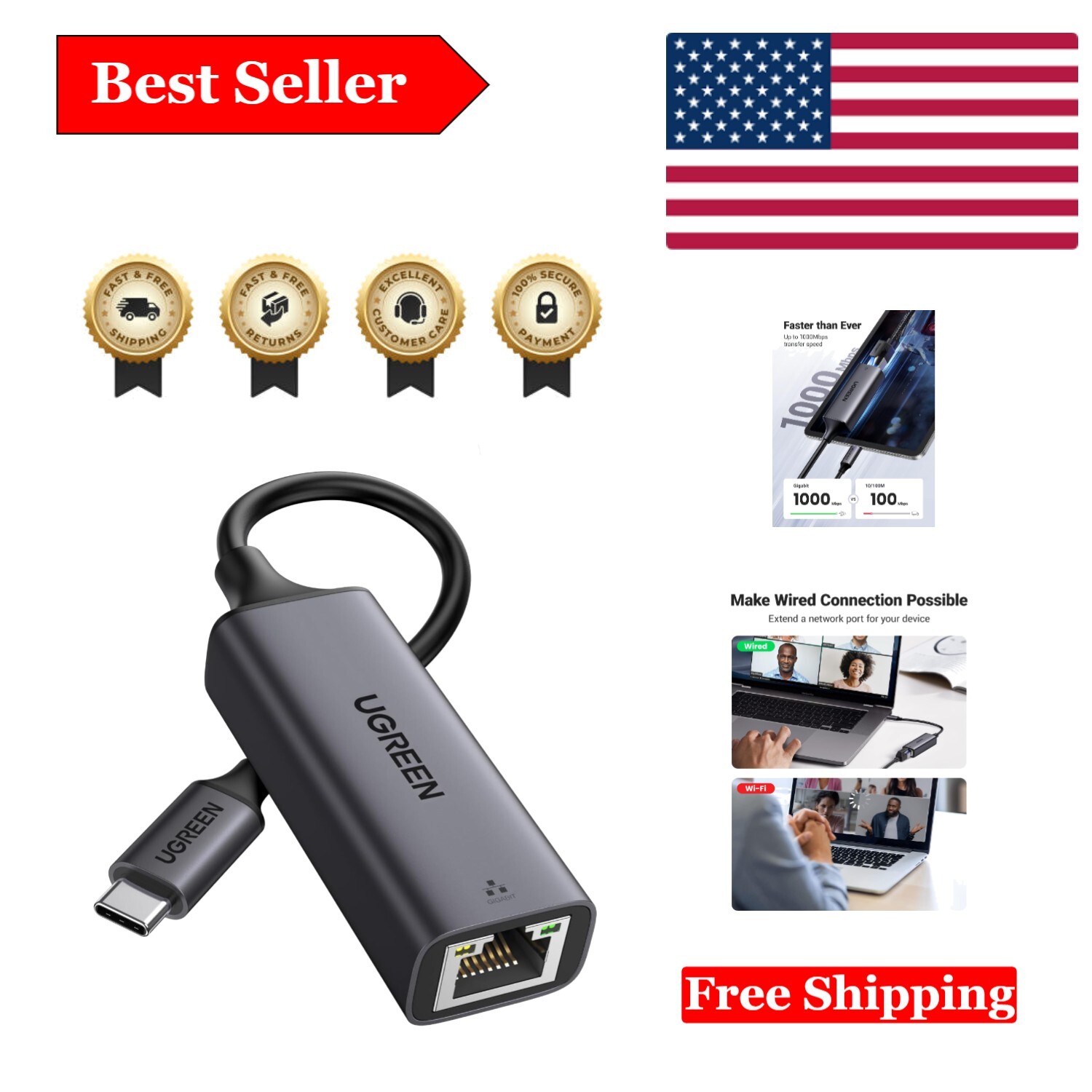 Durable USB C Ethernet Adapter, RJ45, 1000Mbps - Compatible with All Devices