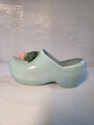 VTG McCoy Pottery Blue Dutch Shoe Planter Pink Rose Floral Accent USA 1940s MCM