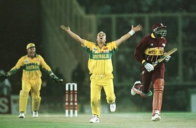 Shane Warne of Australia celebrates trapping Ian Bishop lbw Semi F- Old Photo