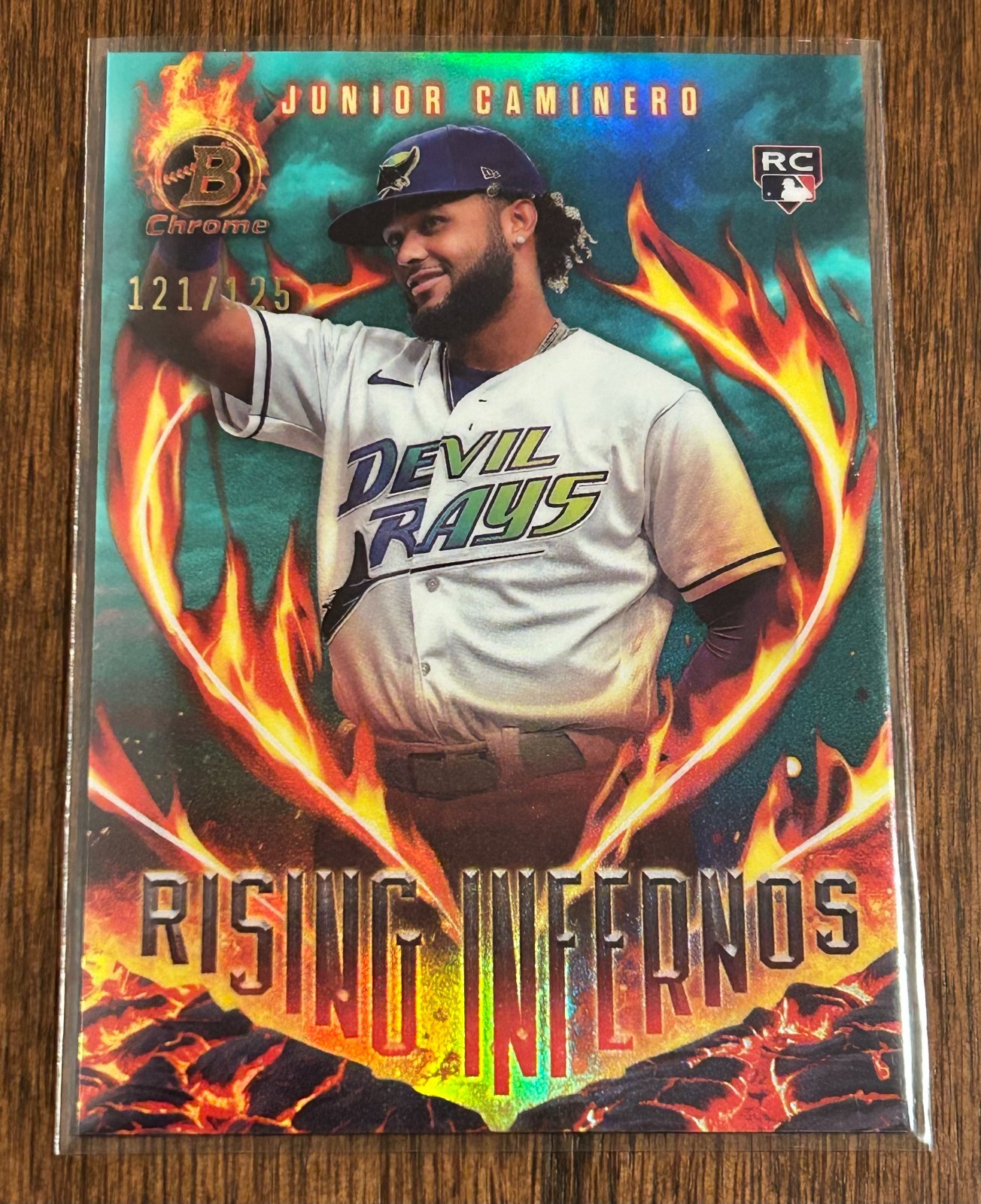 2024 Bowman #RI-6 Junior Caminero RC Rising Infernos Aqua /125 Rays Color Match