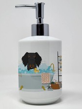 Black Tan Wire Haired Dachshund in Bathtub Ceramic Soap Dispenser Hand Soap